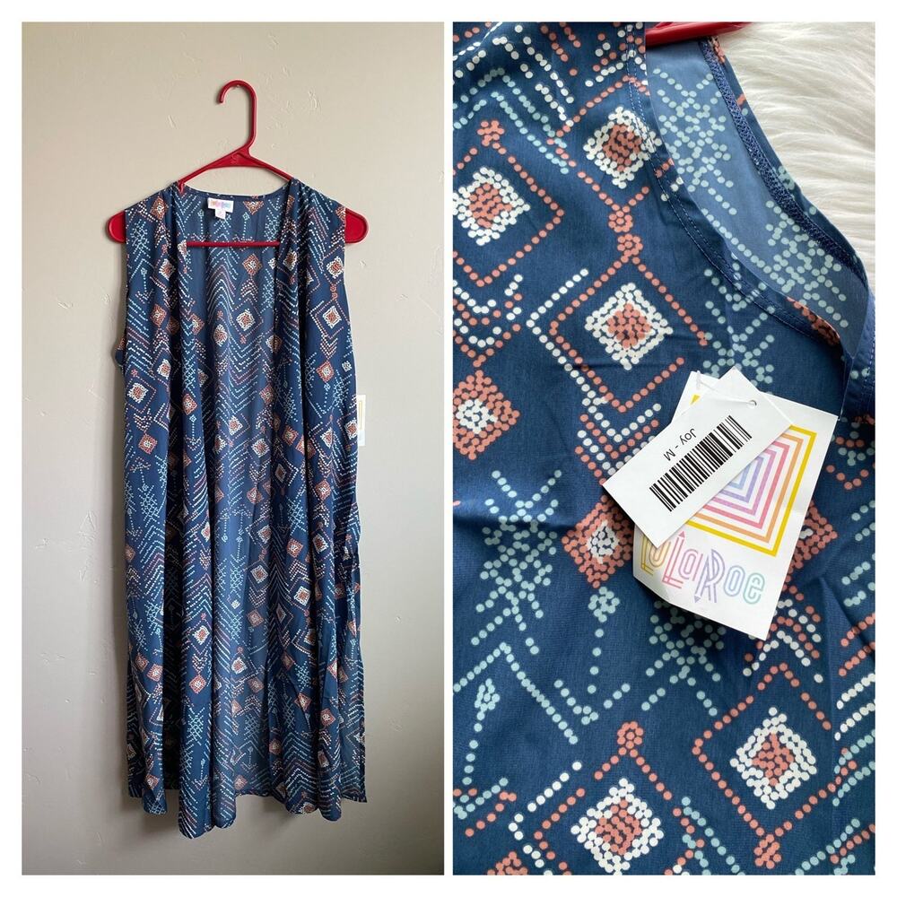 Lularoe Joy Open Front Sleeveless Blue Geometric Aztec Duster Cardigan Vest Sz M
